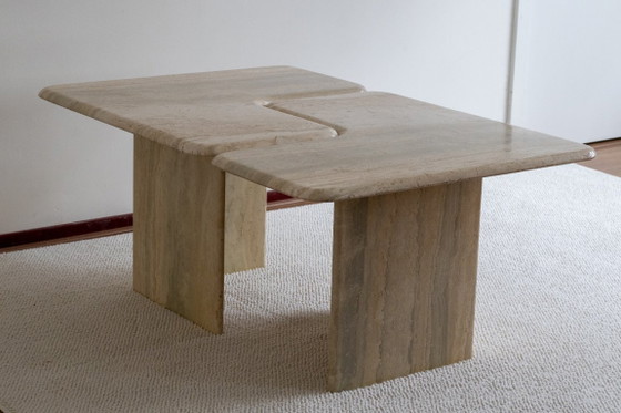 Exclusive Italian Travertine Puzzle Coffee Table Set, Beige, Mid Century Modern (photo 3 of 5)