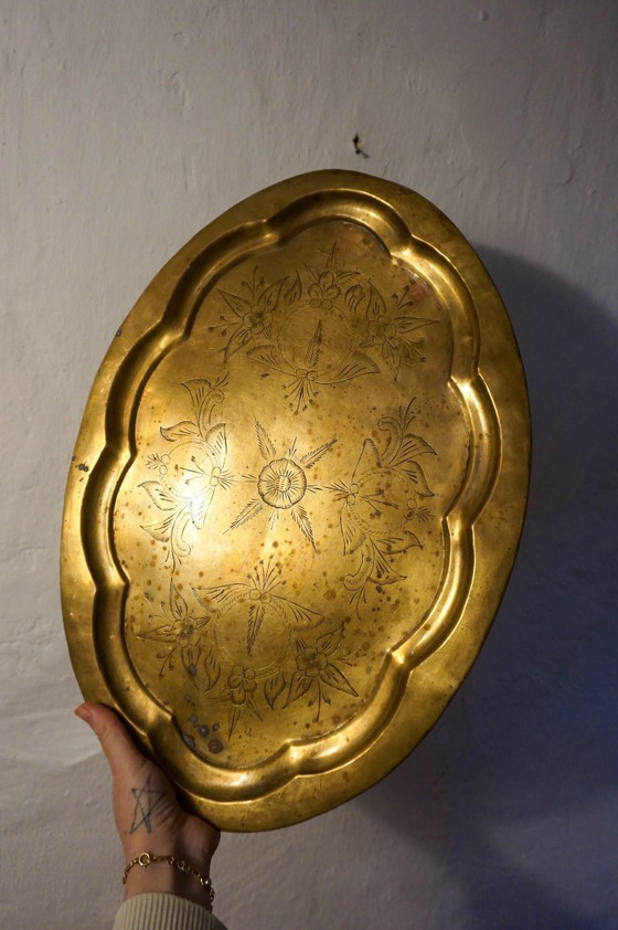 Image 1 of mid-century brass serving tray * large hand-etched oval platter * vintage barware or ottoman tray * 1940s -1960s 