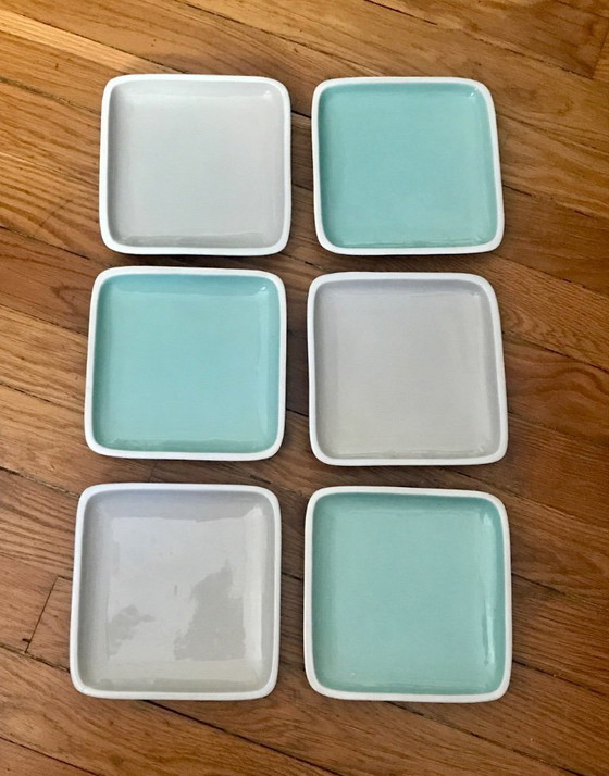 Image 1 of Set di 6 piatti da dessert quadrati turchese e grigio