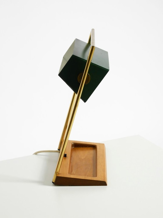 Image 1 of Original large 1960s Temde table lamp with a brass frame, teak base, and green lampshade