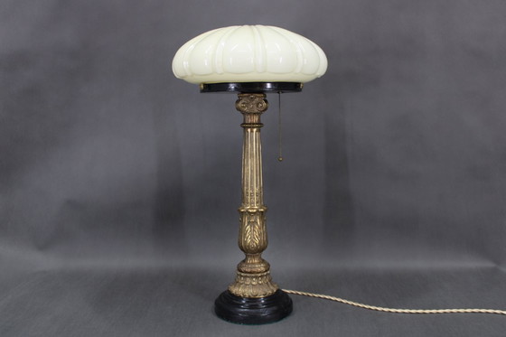 Image 1 of    	 1940s Restored Brass Table Lamp with Wooden Base and Glass Shade
