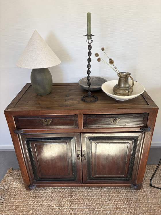 Image 1 of Antique Chinese lacquered wooden cabinet with drawers & doors