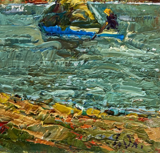 Image 1 of Original Oil Painting Autumn River Landscape Above the evening silence by the river