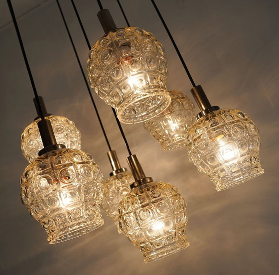 Image 1 of mid-century cascade PENDANT LIGHT - 7 shades - bubble glass and chrome - 1960s/1970s