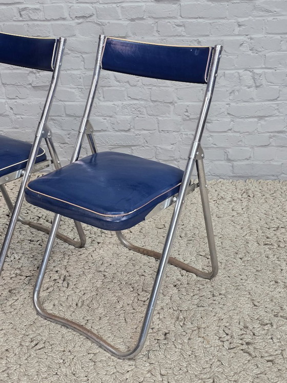 Image 1 of Mid-Century Design First Edition Patented Deep Blue Dico Folding Chairs, Set of 2, Netherlands, 1940s