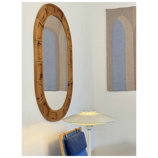 XL vintage Scandinavische Brutalistische ovalen spiegel in grenen hout, Denemarken 1970’s – Glass, Wood (photo 2 of 11)