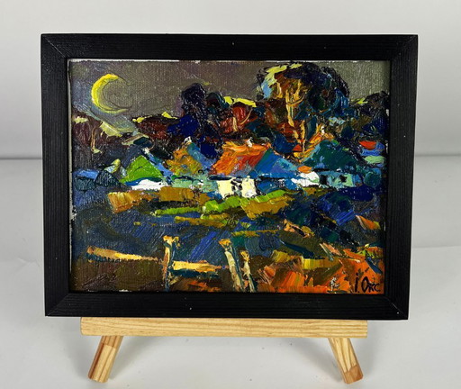 Dipinto ad olio originale Paesaggio rurale notturno La luna illumina il villaggio