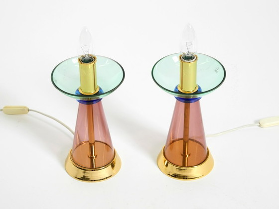 Image 1 of Deux lampes de table rares en verre de Murano italien des années 1980, au design Memphis postmoderne | Vetri Murano