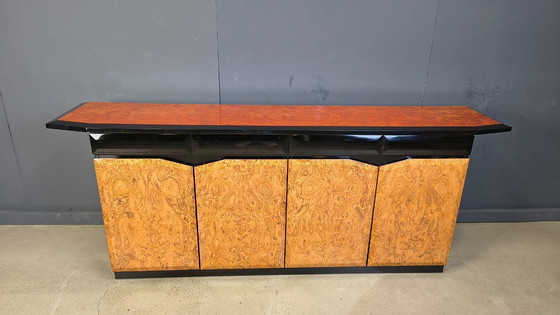 Image 1 of Vintage lacquer and burl wood credenza, 1980s