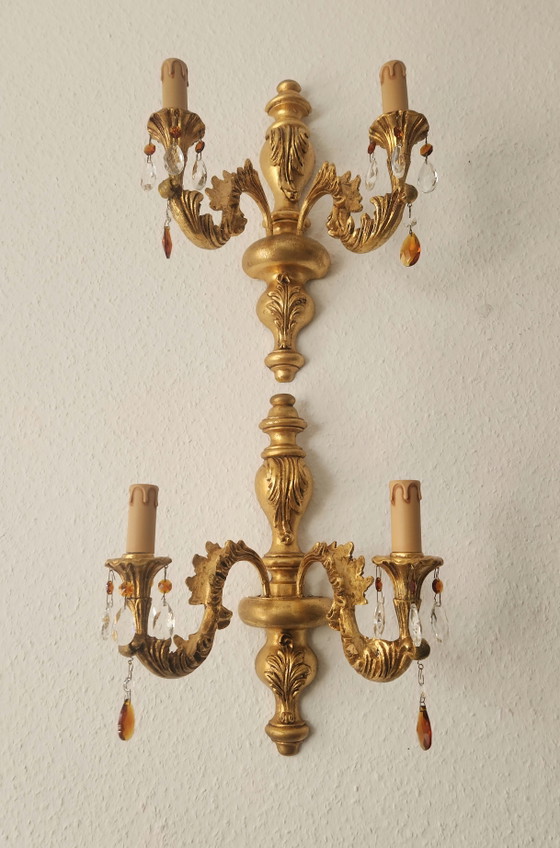 Hand-carved antique Florentine wall hanging with crystal pendants, gilded

with gold leaf, Baroque Rococo, (photo 3 of 15)