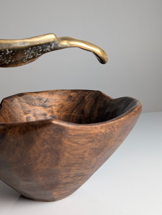 Image 1 of David Marshall, skulpturale Obstschale aus Bronze und Holz, Tischdekoration, 1970er Jahre