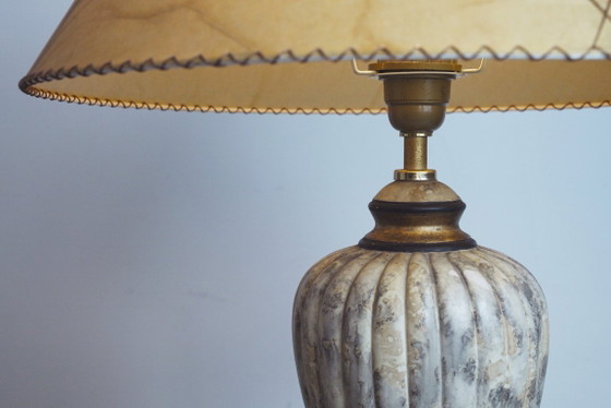 Image 1 of Vintage Italian Neoclassical Urn Table Lamp Faux Marble Stone Ceramic Lamp Parchment Shade Organic Modern Mediterranean Lighting