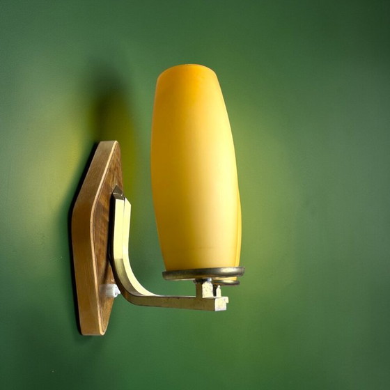 Image 1 of Vintage Mid Century Modern double opaline glass and wood wall sconce