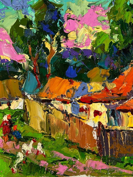 Image 1 of Peinture à l'huile originale représentant un paysage rural dans une rue du village par une chaude journée ensoleillée.