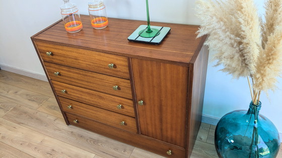 Image 1 of Vintage Scandinavian Wood and Brass Chest of Drawers