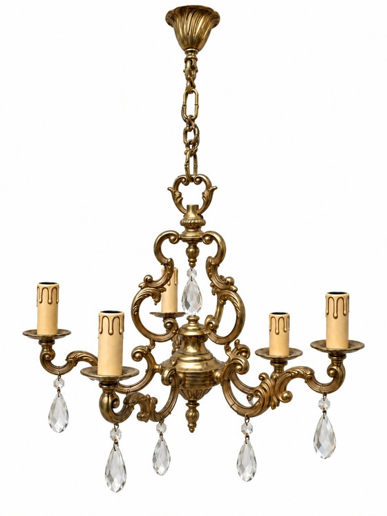 Lampadario in ottone a 5 bracci in stile Luigi XV con gocce di cristallo – Brass, Crystal (photo 2 of 5)
