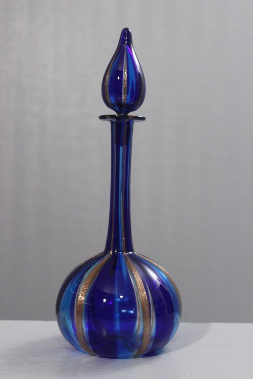Vintage Murano glazen karaf uit de jaren 70 in de stijl van Archimede Seguso, kobaltblauw en goud