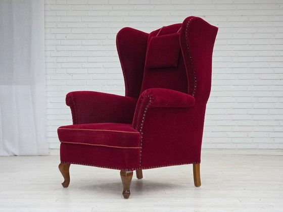 Image 1 of 1960s, Danish highback wingback armchair, cherry-red furniture velour.