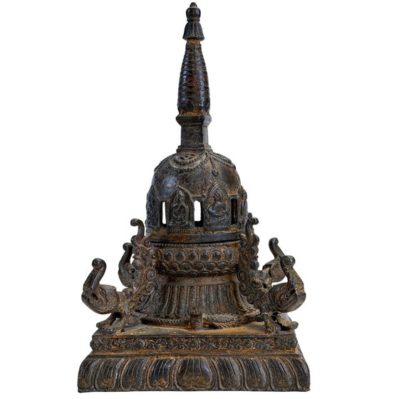 Quemador de incienso chaitya nepalí antiguo de bronce con Budas – finales del siglo XIX – Objetos decorativos (photo 3 of 11)
