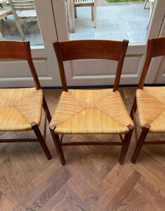 Image 1 of Chaises de salle à manger vintage de Scandinavie en bois et paille