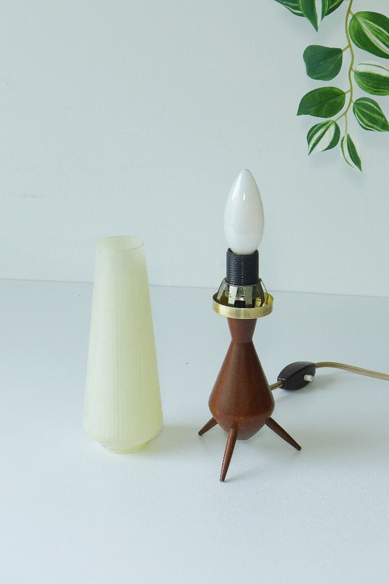 Vintage Tripod Table Lamp Danish Design Teak Rocket Lamp 60s 70s – Glass, Wood (photo 6 of 6)