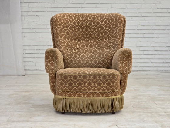 1960s, Danish Armchair, Furniture Velour, Beech Wood – Textile (photo 2 of 17)