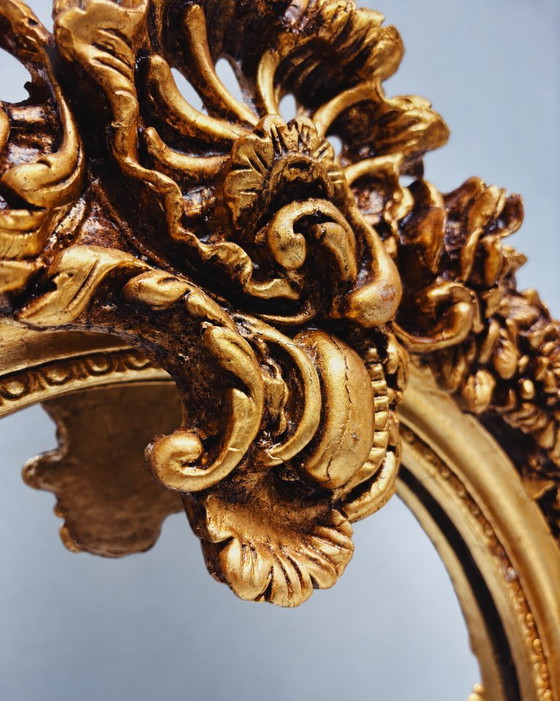 Large Golden Full-Length Mirror with Ornate Crest – Green Square, Wood, Vintage (photo 3 of 8)