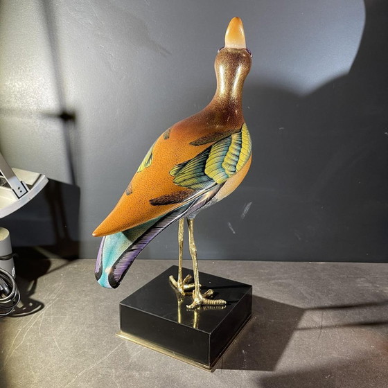 Crested Bird Polychrome Porcelain & Ormolu Sculpture, 1970s – Bronze, Wood, Hollywood Regency (photo 18 of 19)