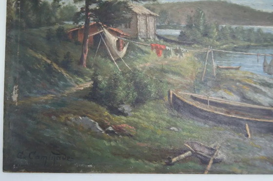 Spätes 19. Jahrhundert "Trapper's Refuge at the Water's Edge" Landschaftsölgemälde von Georges Caminade (photo 8 of 11)
