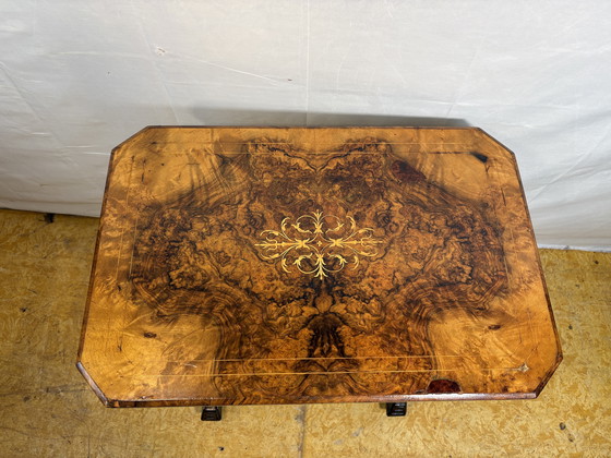Image 1 of A Romantic Victorian Burr Walnut Sewing & Work Table Mid–Late 19th Century  Rich with the charm of a bygone age, this exquisite 