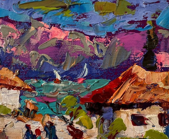 Image 1 of Original Oil Painting Rural Life Landscape Edge of the Village
