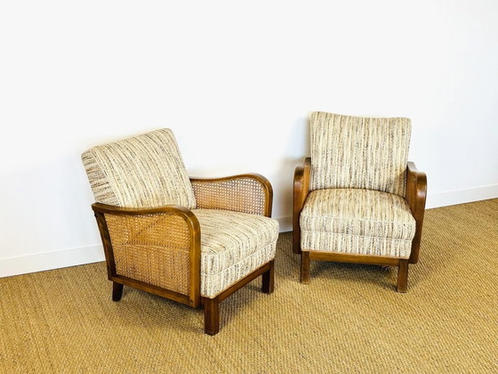 Image 1 of Vintage Art Deco woonkamerset van gebogen hout en riet, 1950, set van 3