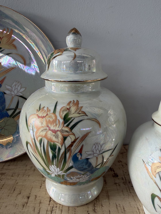 Image 1 of Uniek 5 delige handbeschilderde porseleinen set met de ijsvogel (Japans)