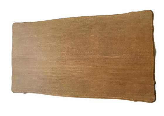 Image 1 of Bureau vintage en chêne 2 tiroirs rénové - Bois miel et beige doux