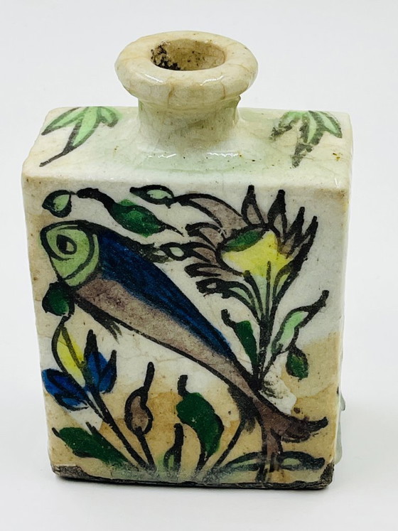 Image 1 of Antique Rectangular Ceramic Bottle, Persian Qajar Style, Fish Design, 19th Century