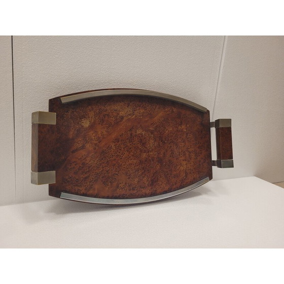 Image 1 of Vintage art deco serving tray in root or lupia wood and chrome steel, France 1930