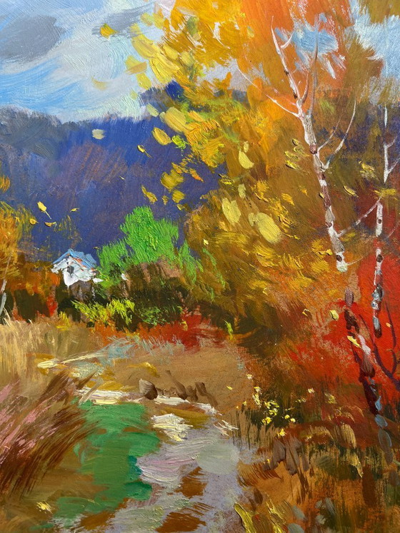 Image 1 of Pintura al óleo original Paisaje de bosque otoñal Escalones en un prado otoñal