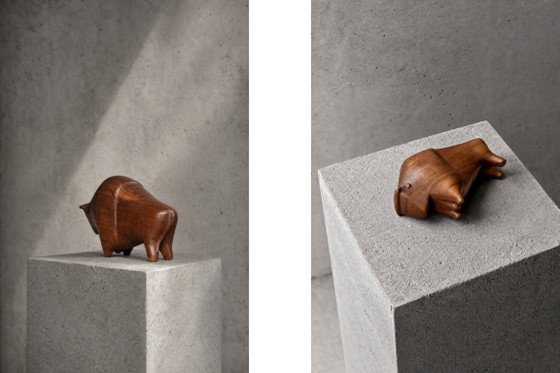 Image 1 of Vintage Danish Dark Teak Wood Bison Figurine, 1960s
