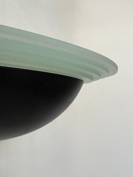 Image 1 of Applique vintage a mezzaluna, vetro sabbiato e metallo laccato nero, Francia, 1970