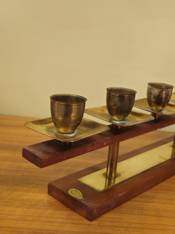Image 1 of Vintage Teakhouten Kandelaar Kaarsenhouder Messing 