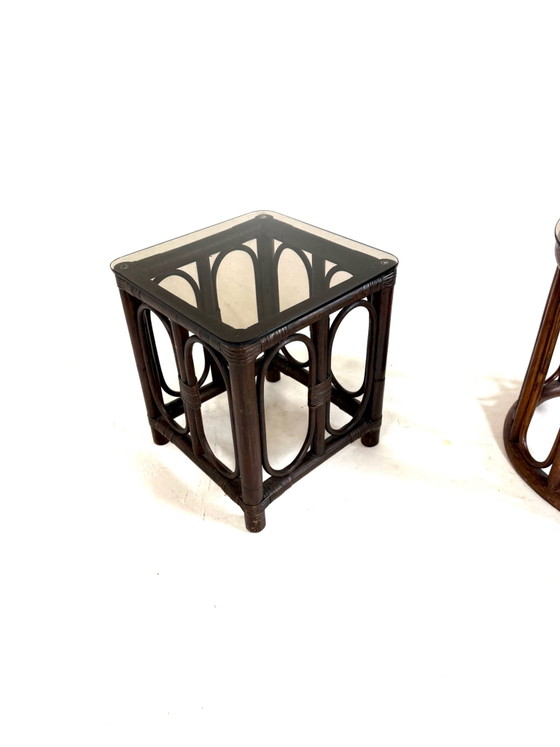 Set of 2 Manou & Smoked Glass Side Tables '70 – Wicker, Rattan (photo 2 of 8)