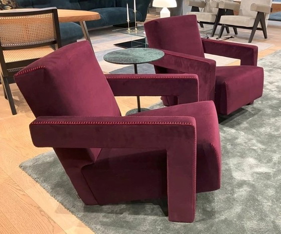 Image 1 of 2x Cassina 637 Utrecht Armchair (New, Never Used) in Ortigia/Plum Velvet with Red Thread Horse Stitching