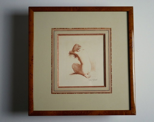 Female nude by Jean Vyboud. Signed and framed sanguine etching.