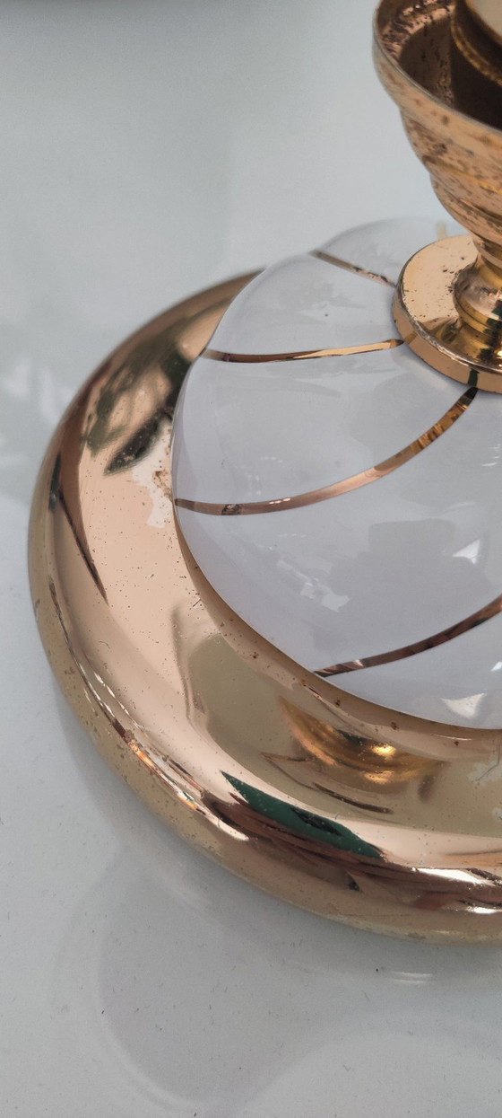 Image 1 of Vintage Hollywood Regency Table Lamps, Set of 2, Wavy Ribbed Opaline Glass, White and Gold Retro Bedside Lighting