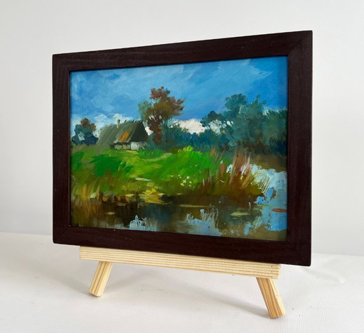 Original Oil Painting Summer House Landscape A lonely house by the river