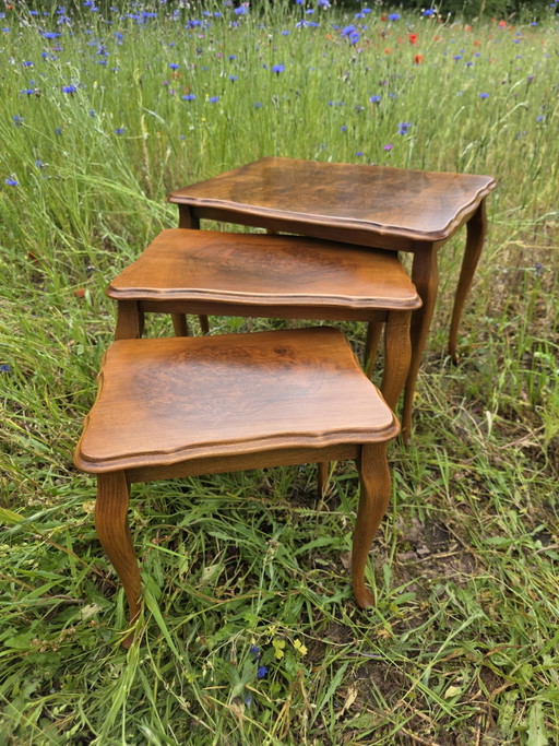 Elegant vintage nesting tables with burl veneer