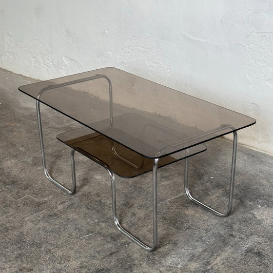Image 1 of Hungarian Two-Tier Glass Bauhaus Coffee Table – Original Condition