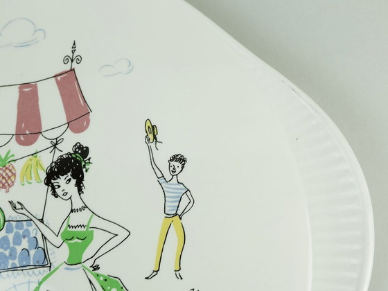 Image 1 of Taartbord uit de jaren 50, Grunstadt, met prachtige decoratie, zuidelijk tafereel, fruit- en groenteverkoper.