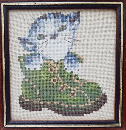 Vintage framed cross-stitch tapestry