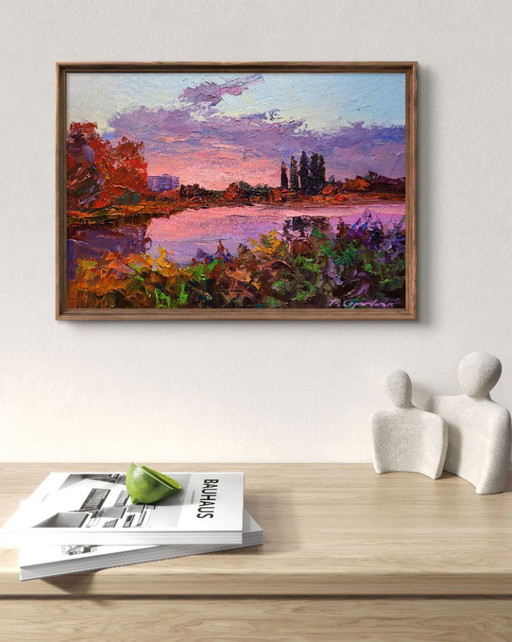 Original Oil Painting Evening City Landscape Sunset Over the River – schilderijen tekeningen, Canvas (photo 2 of 7)